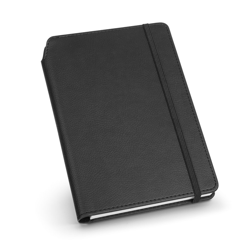 Caderno A5 de capa dura em couro sintético com 192 páginas pautadas na cor Preto, personalizado com a logo da empresa