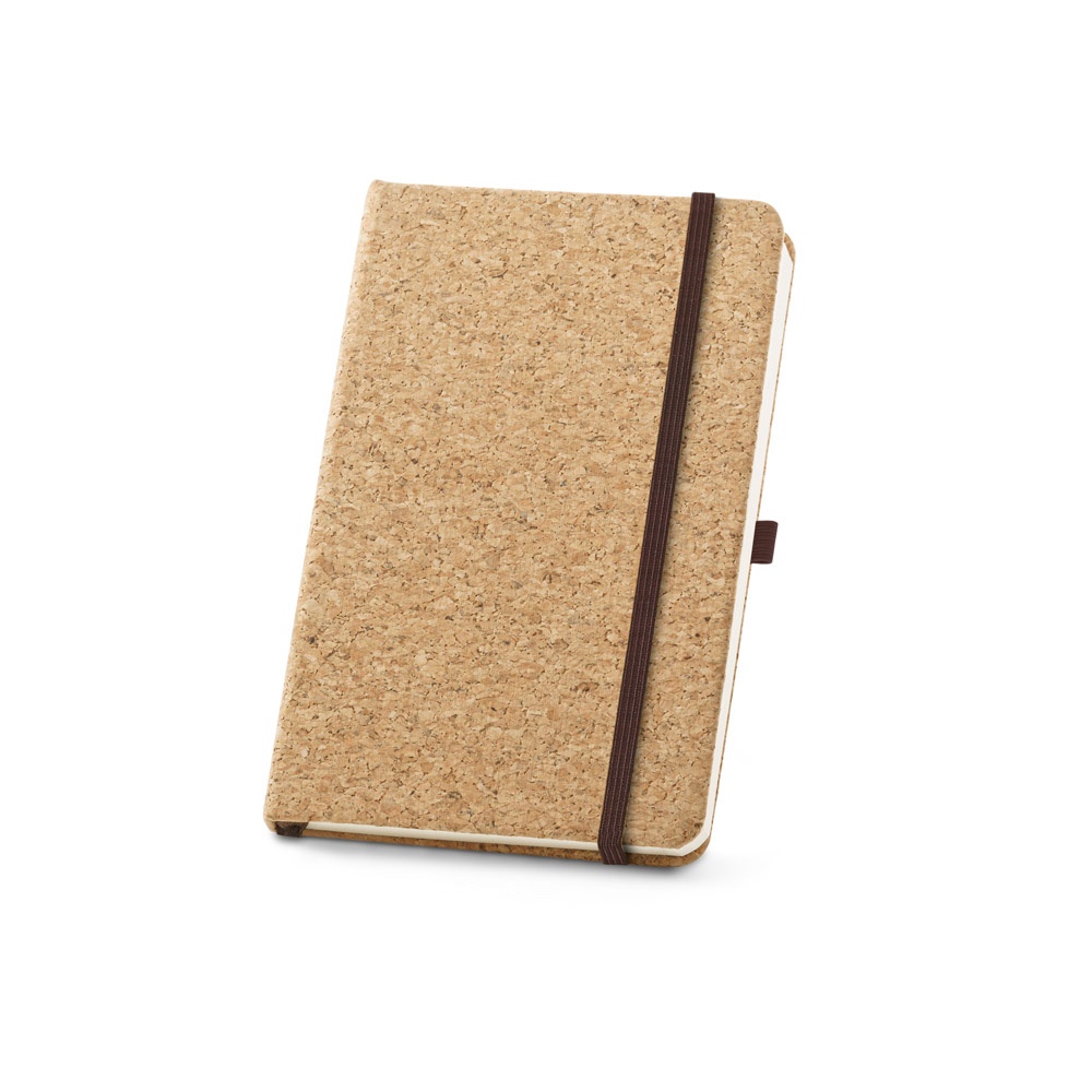 Caderno A5 de capa dura em cortiça com páginas lisas e porta-caneta personalizado com a logo da empresa