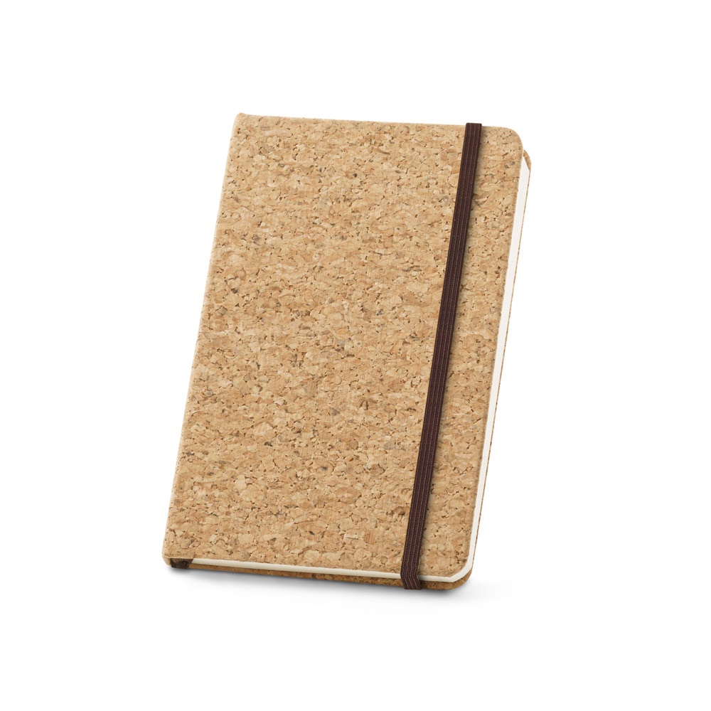 Caderno A6 de capa dura em cortiça com páginas lisas e elástico personalizado com a logo da empresa