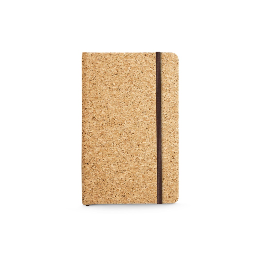 Caderno A6 de capa dura em cortiça com páginas lisas e elástico na cor Natural, personalizado com a logo da empresa