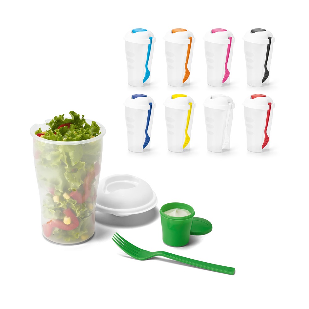 Copo para salada em PP com garfo e molheira 850 ml personalizado com a logo da empresa