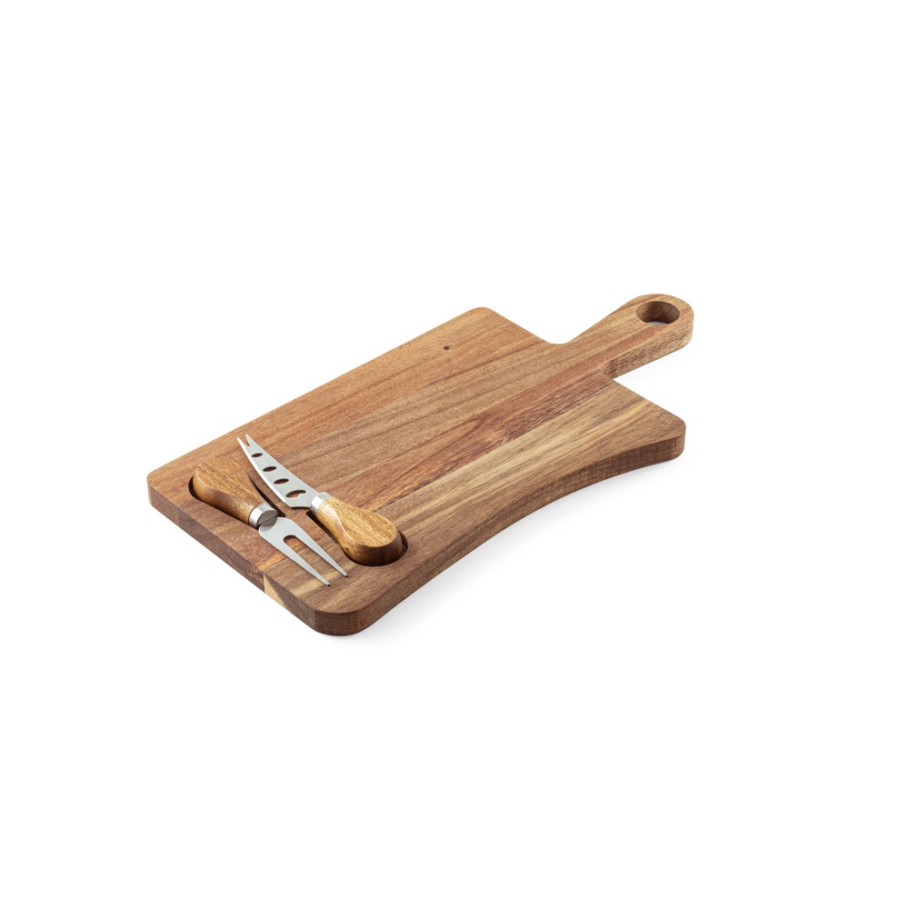 Tábua de queijos em madeira de acácia com 2 utensílios em madeira de acácia e aço inox na cor Natural escuro, personalizada com a logo da empresa