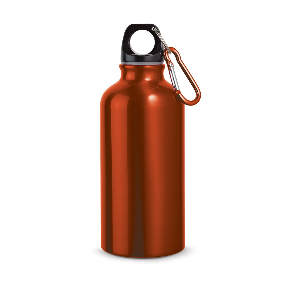 Garrafa esportiva em alumínio com acabamento metálico (400 ml) personalizada com a logo da empresa, na cor laranja