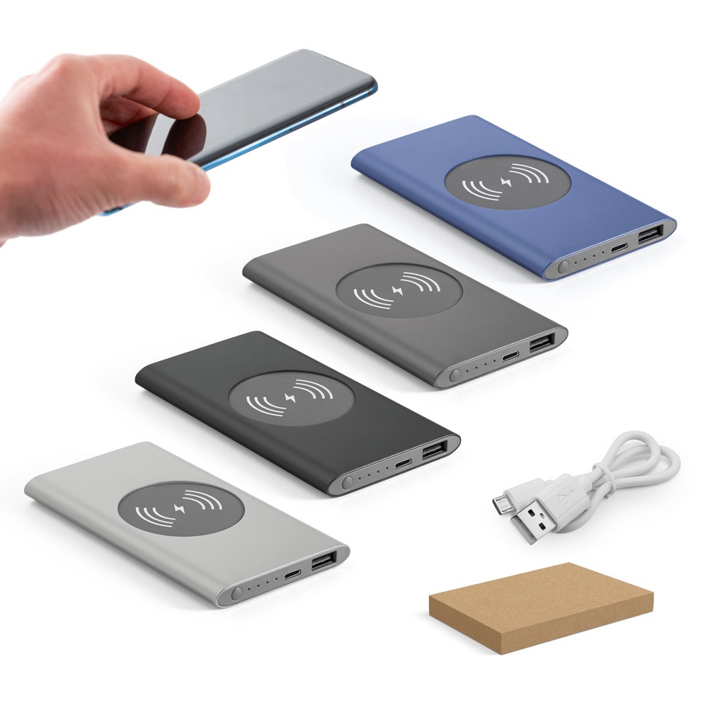 Bateria portátil 4.000 mAh com indução em alumínio reciclado personalizada com a logo da empresa
