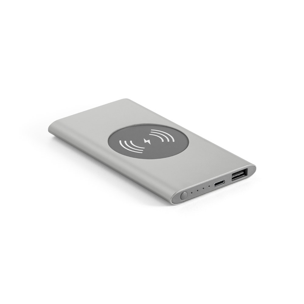 Bateria portátil 4.000 mAh com indução em alumínio reciclado personalizada com a logo da empresa, na cor cromado satinado