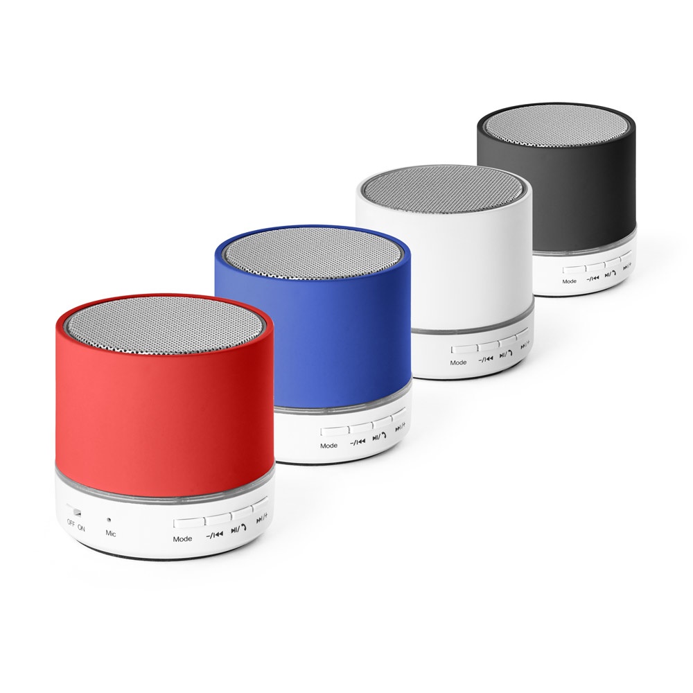 Caixa de som com microfone em ABS personalizada com a logo da empresa