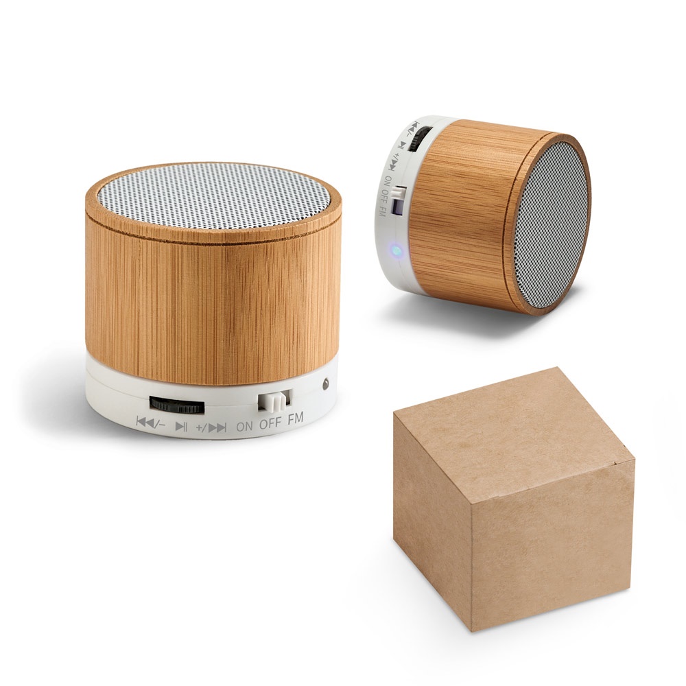 Caixa de som em bambu com microfone personalizada com a logo da empresa