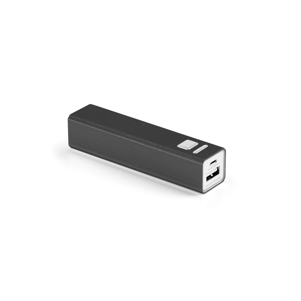 Bateria portátil em alumínio (2.200 mAh) na cor Preto, personalizada com a logo da empresa