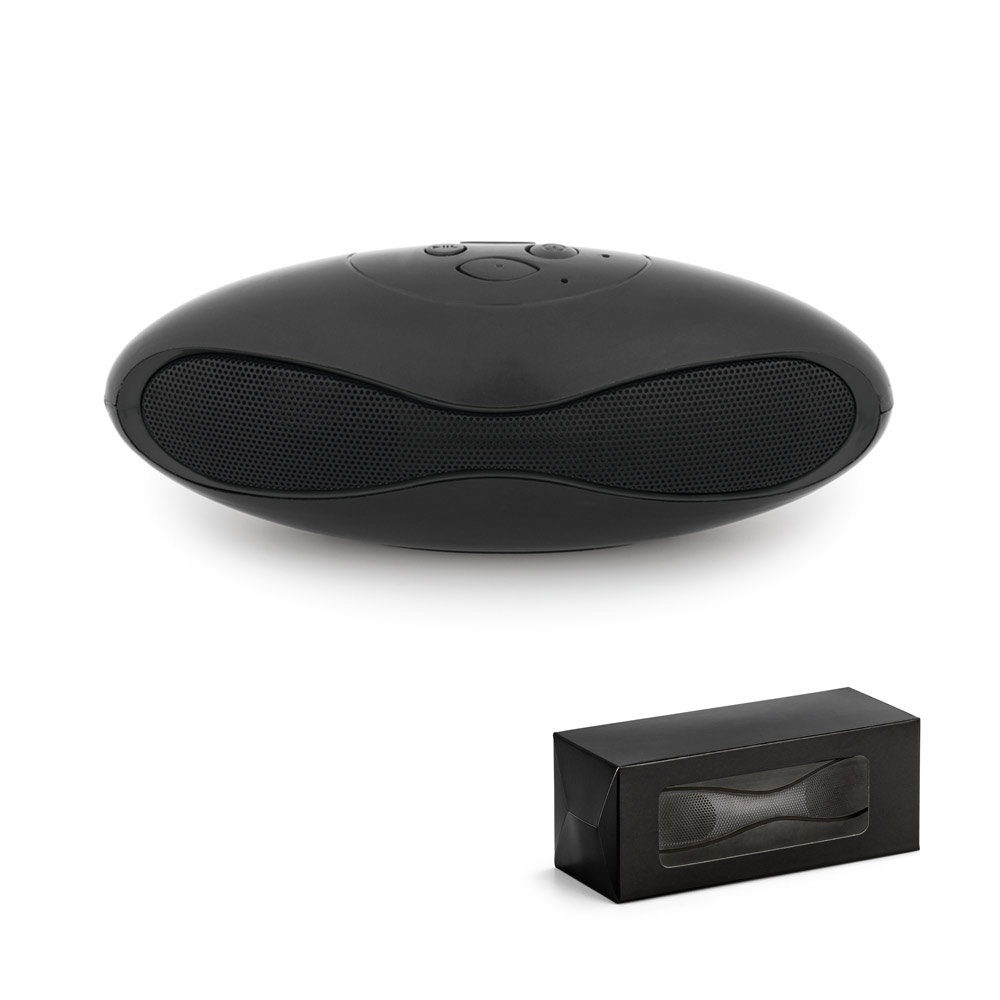 Caixa de som portátil com autonomia de 3h e microfone, em ABS personalizada com a logo da empresa