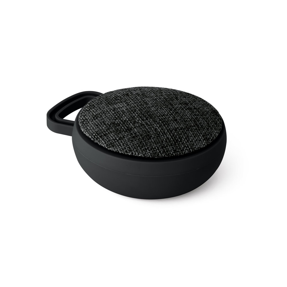 Caixa de som com microfone e autonomia de 3 horas em ABS e tecido na cor Preto, personalizada com a logo da empresa