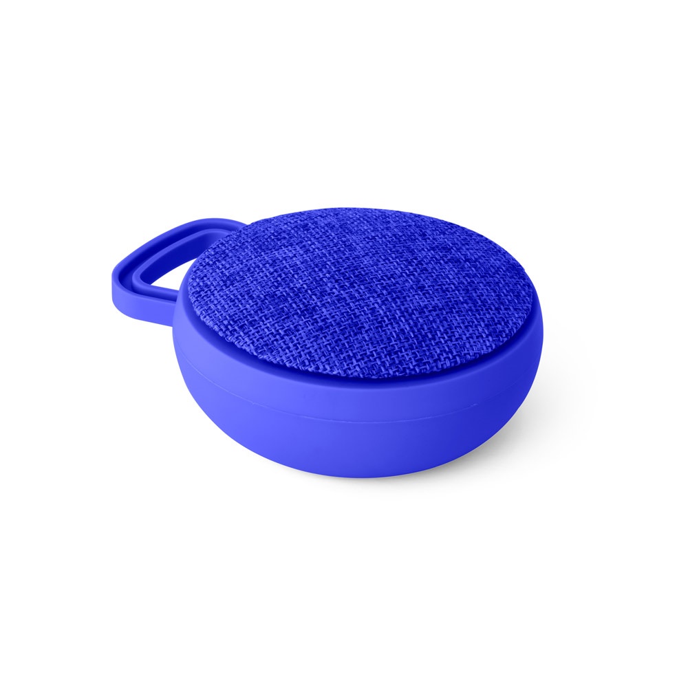 Caixa de som com microfone e autonomia de 3 horas em ABS e tecido personalizada com a logo da empresa, na cor azul