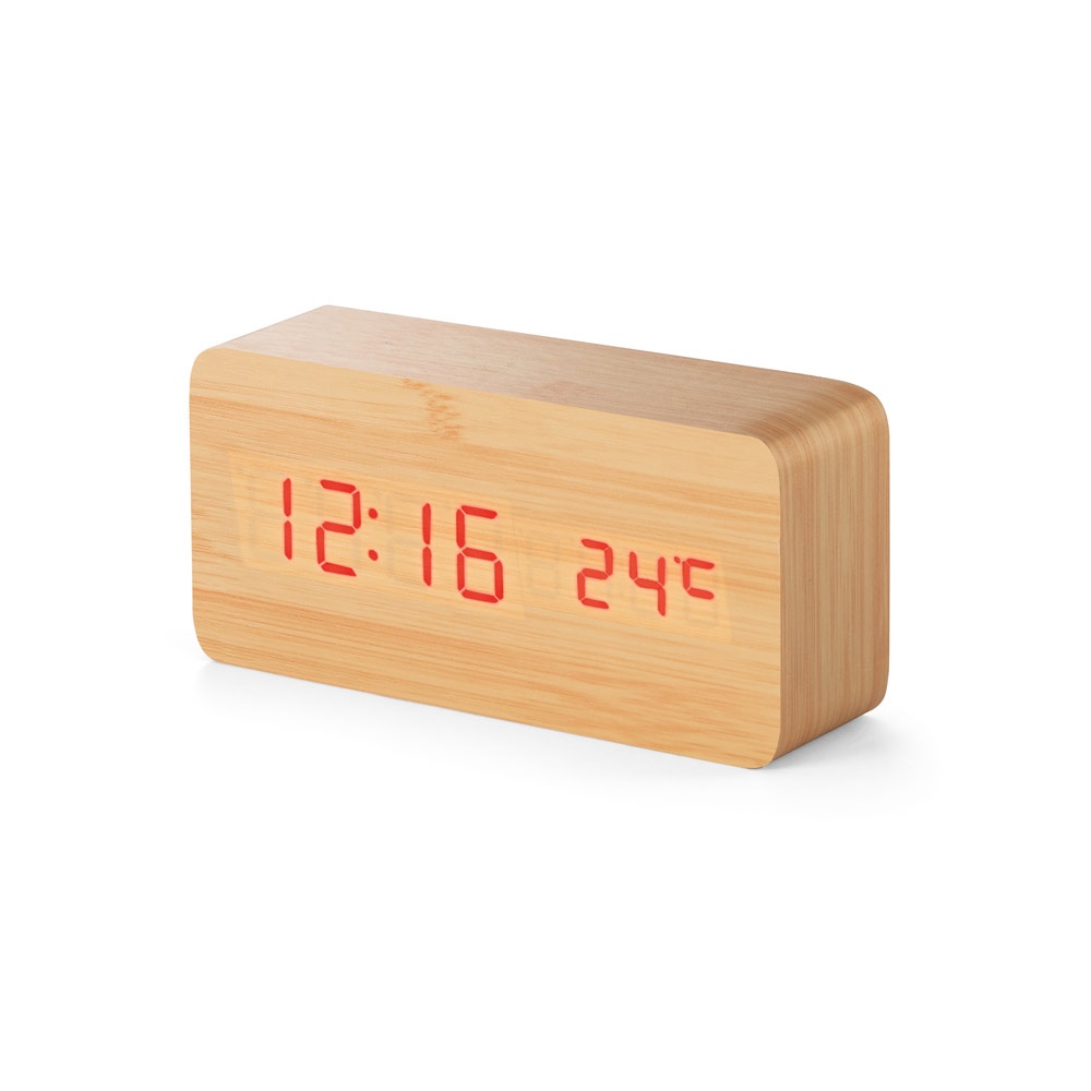 Relógio de mesa em MDF na cor Natural claro, personalizado com a logo da empresa