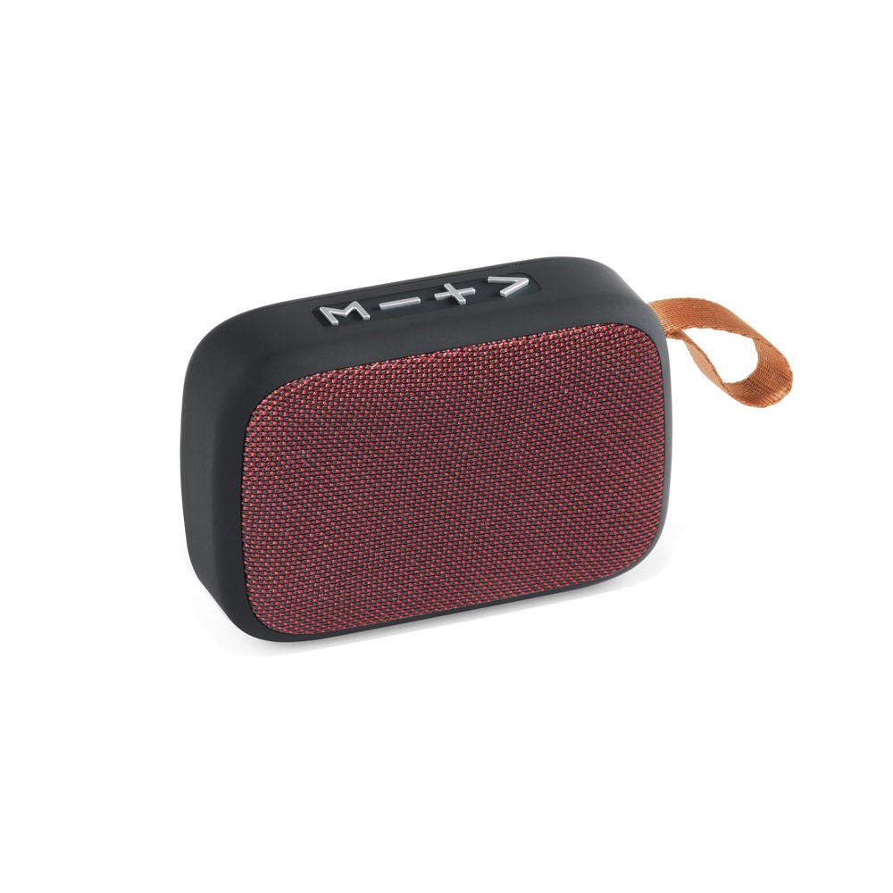 Caixa de som autonomia de 2h (300 mAh) e microfone, em ABS e poliéster personalizada com a logo da empresa, na cor vermelho
