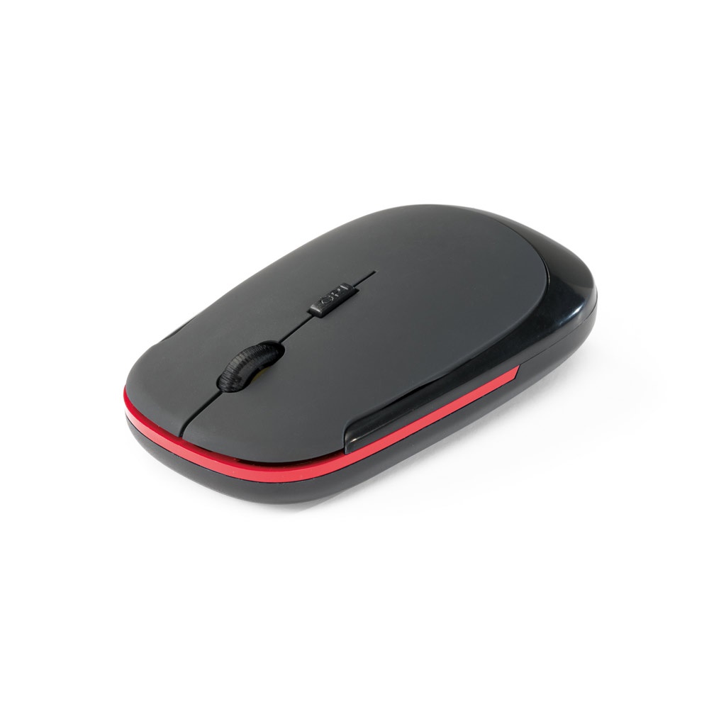Mouse wireless 2,4G emborrachado em ABS 100% reciclado personalizado com a logo da empresa, na cor vermelho