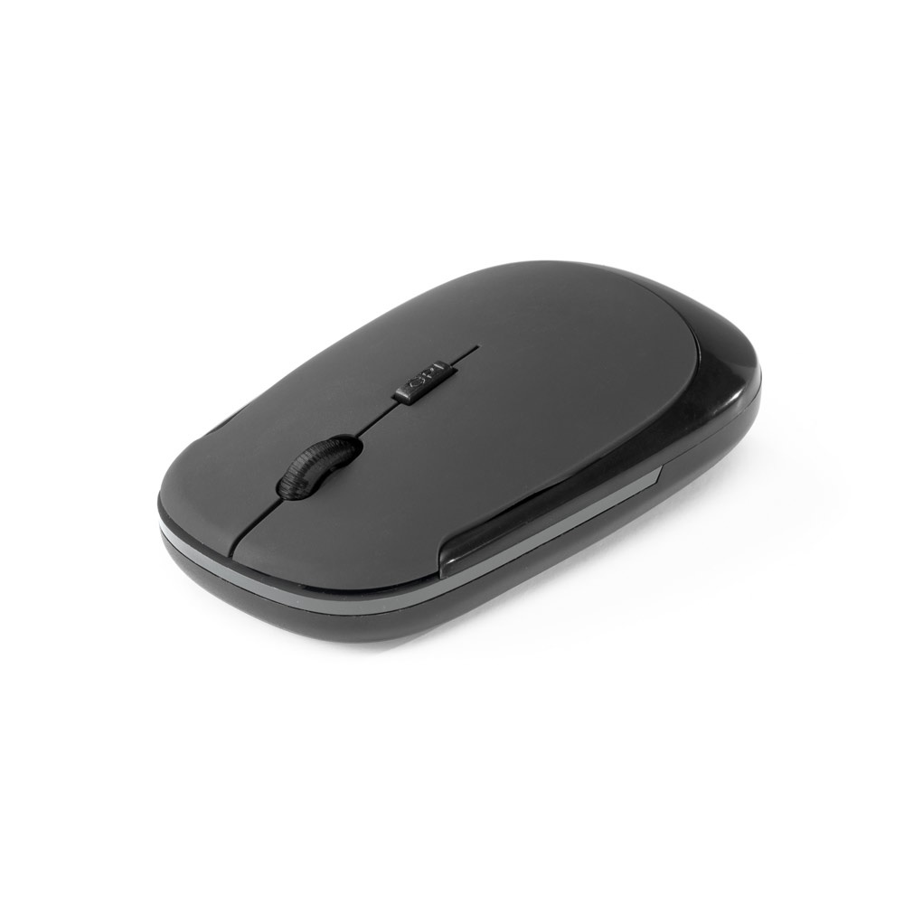 Mouse wireless 2,4G emborrachado em ABS 100% reciclado na cor Cinza, personalizado com a logo da empresa