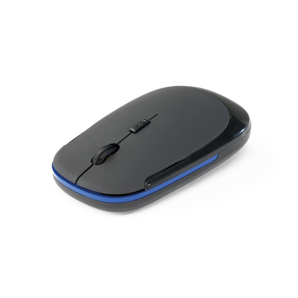 Mouse wireless 2,4G emborrachado em ABS 100% reciclado personalizado com a logo da empresa, na cor azul royal