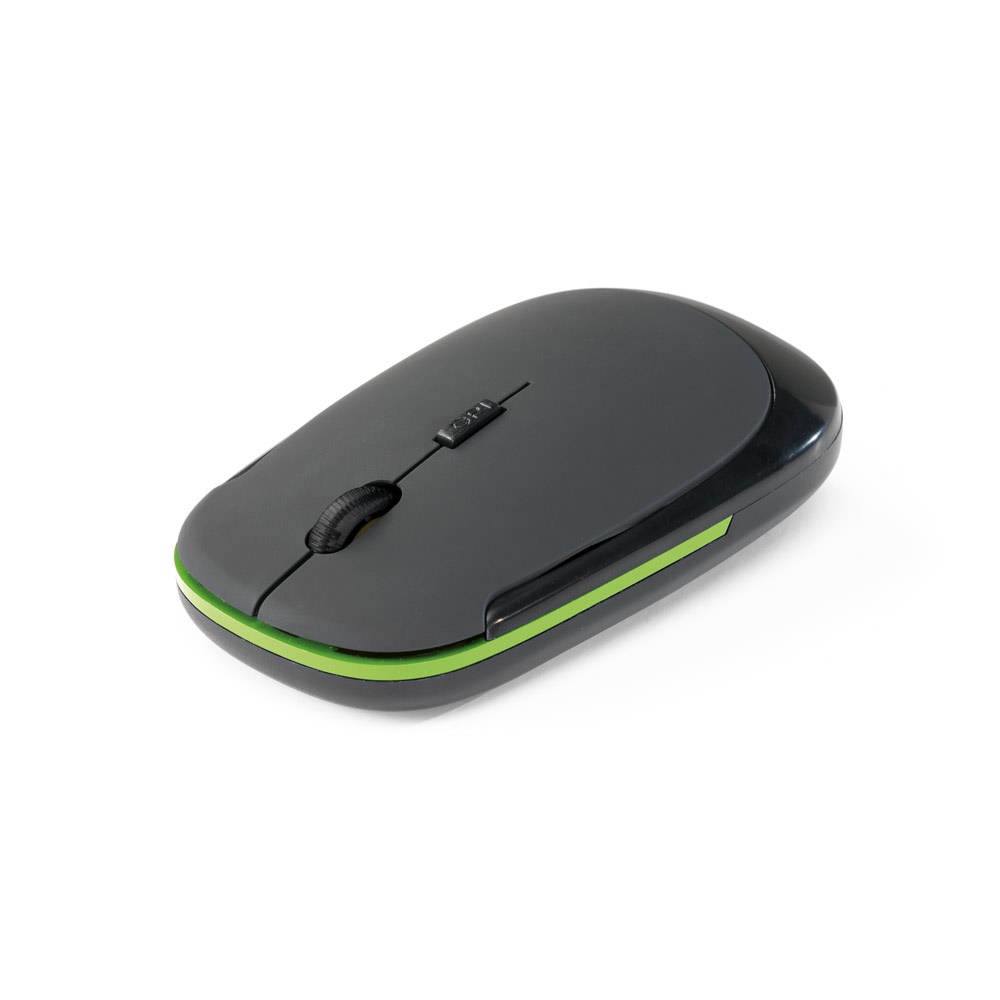 Mouse wireless 2,4G emborrachado em ABS 100% reciclado personalizado com a logo da empresa, na cor verde claro