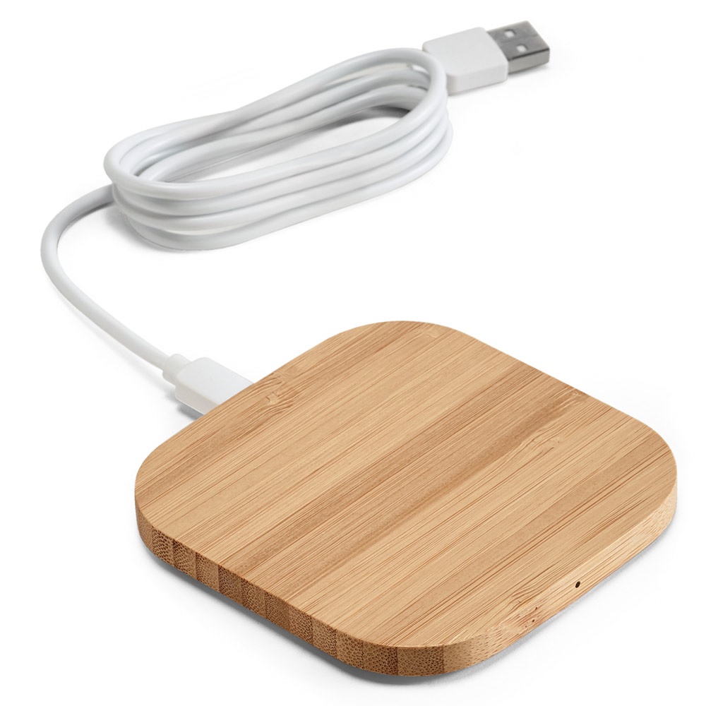 Carregador por indução super-rápido em bambu (15 W) na cor Natural, personalizado com a logo da empresa