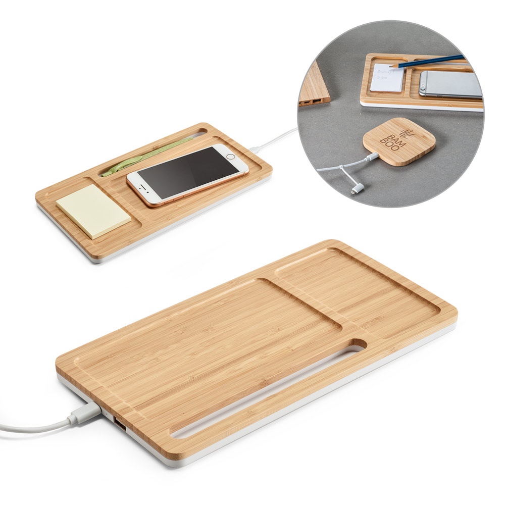 Organizador de secretária (mesa) em bambu e ABS com carregador por indução super-rápido (15 W) personalizado com a logo da empresa
