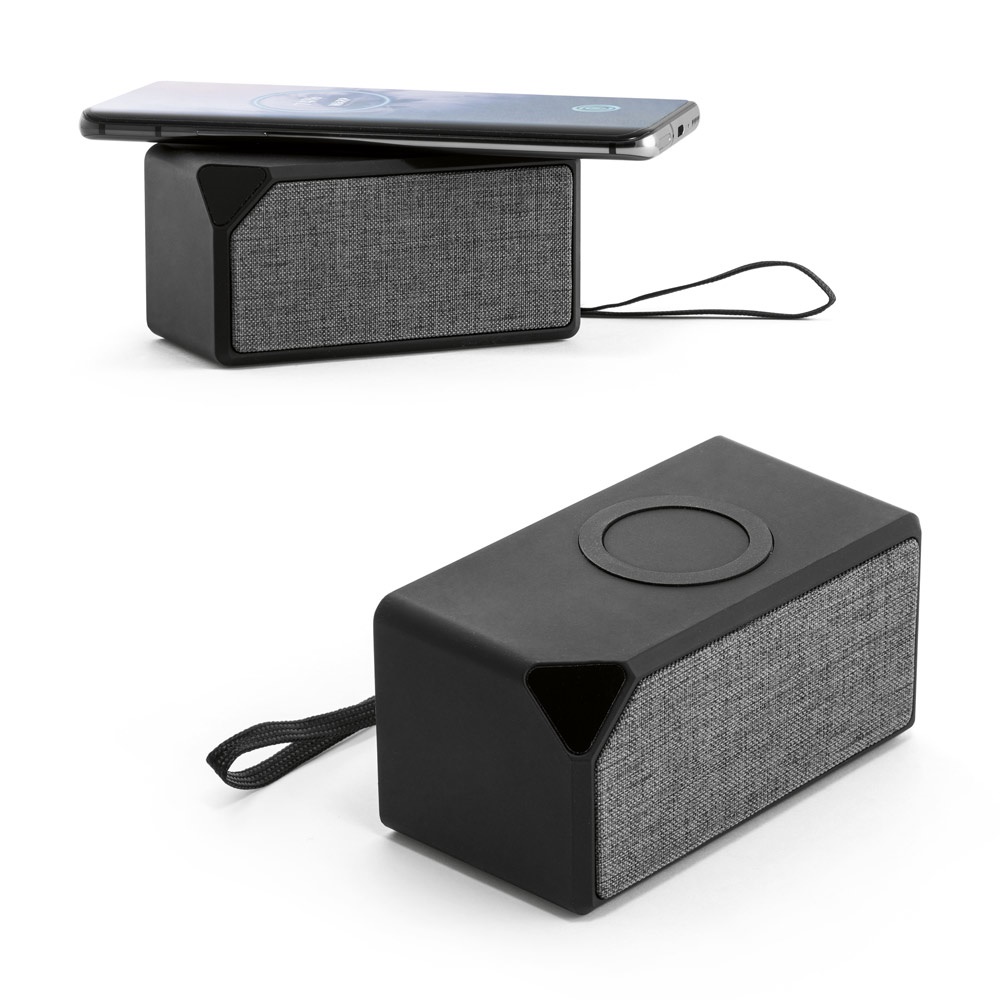 Caixa de som portátil em ABS com carregador por indução personalizada com a logo da empresa