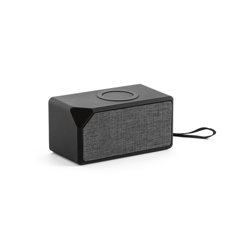 Caixa de som portátil em ABS com carregador por indução na cor Preto, personalizada com a logo da empresa