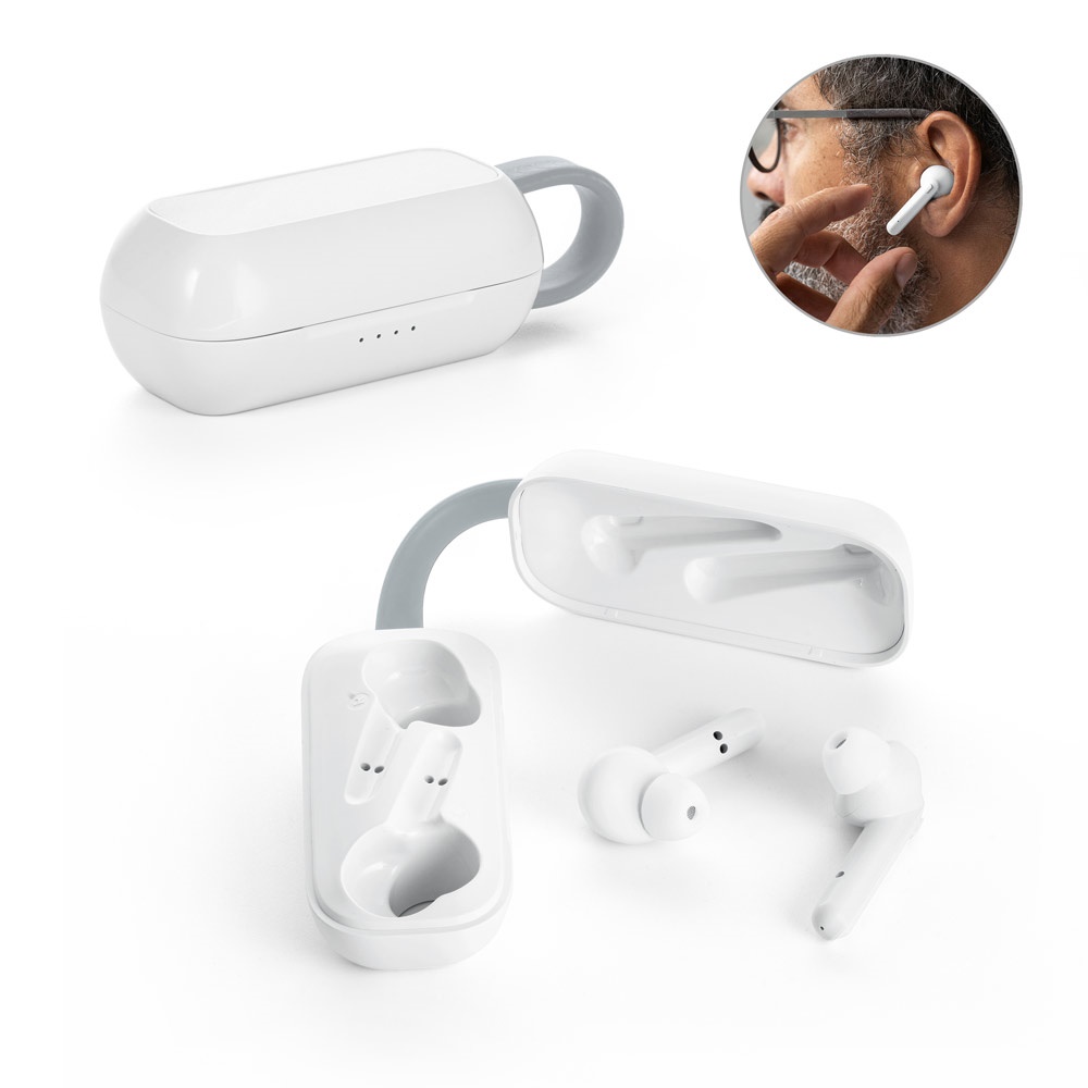 Fones de ouvido wireless com autonomia de 3h, em ABS personalizados com a logo da empresa