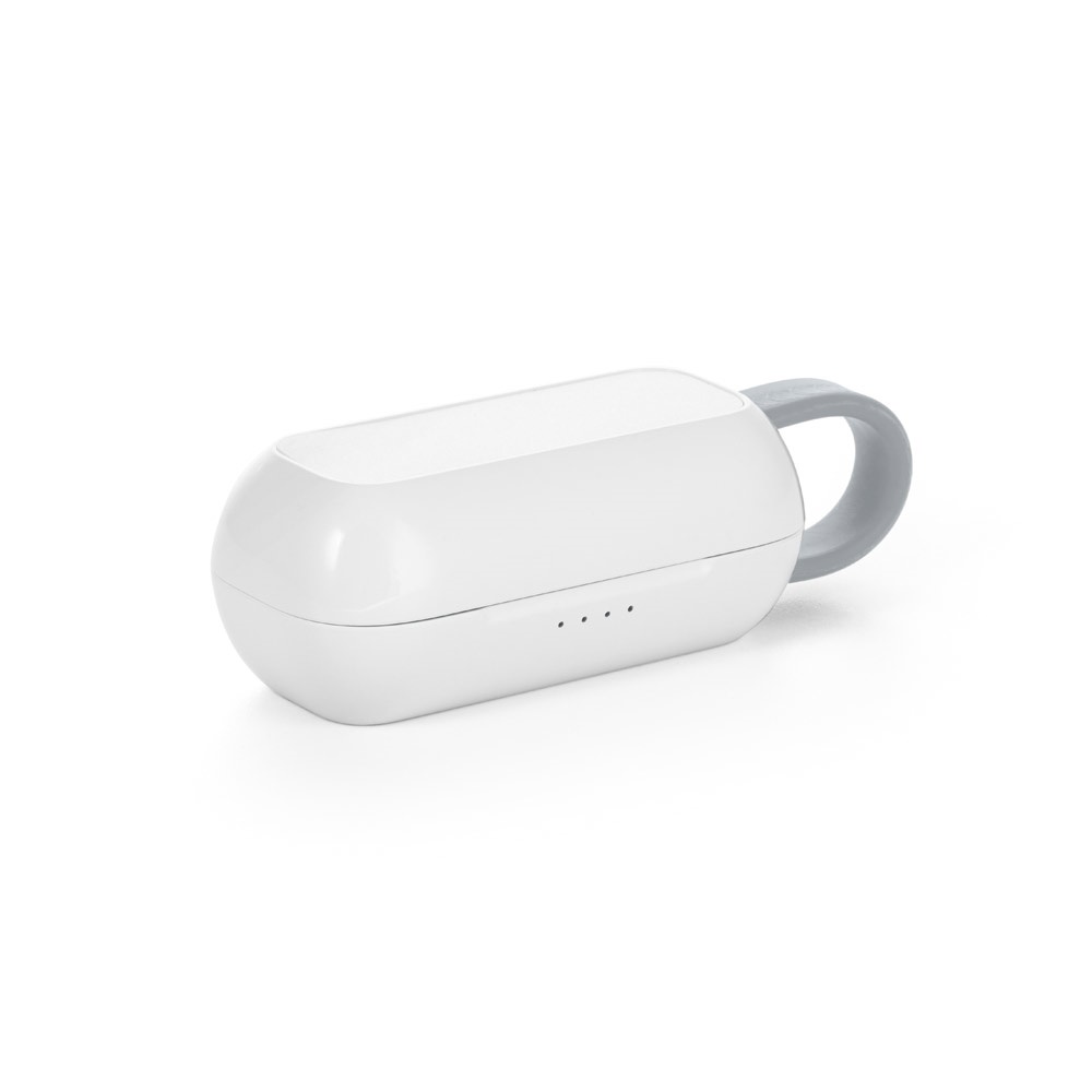 Fones de ouvido wireless com autonomia de 3h, em ABS na cor Cinza claro, personalizados com a logo da empresa