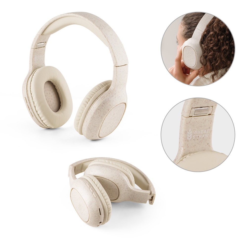 Fones de ouvido wireless dobráveis em fibra de palha de trigo e ABS personalizados com a logo da empresa