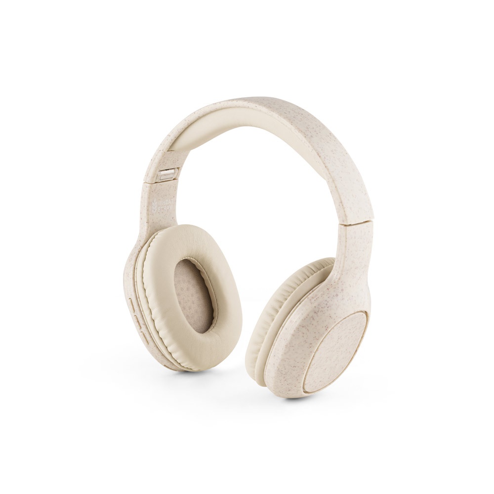 Fones de ouvido wireless dobráveis em fibra de palha de trigo e ABS na cor Natural, personalizados com a logo da empresa