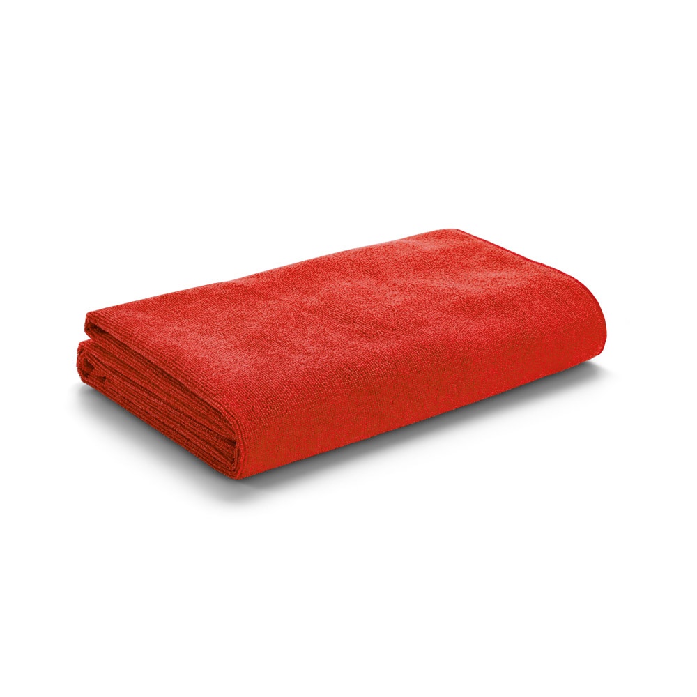 Toalha de praia em microfibra (250 g/m²) personalizada com a logo da empresa, na cor vermelho
