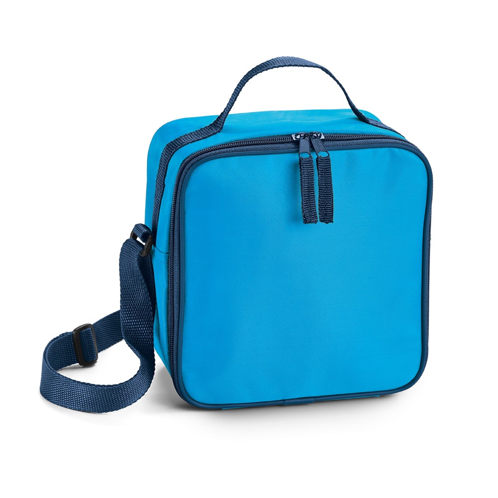 Bolsa térmica 4,5 litros em 600D poliéster na cor Azul claro, personalizada com a logo da empresa