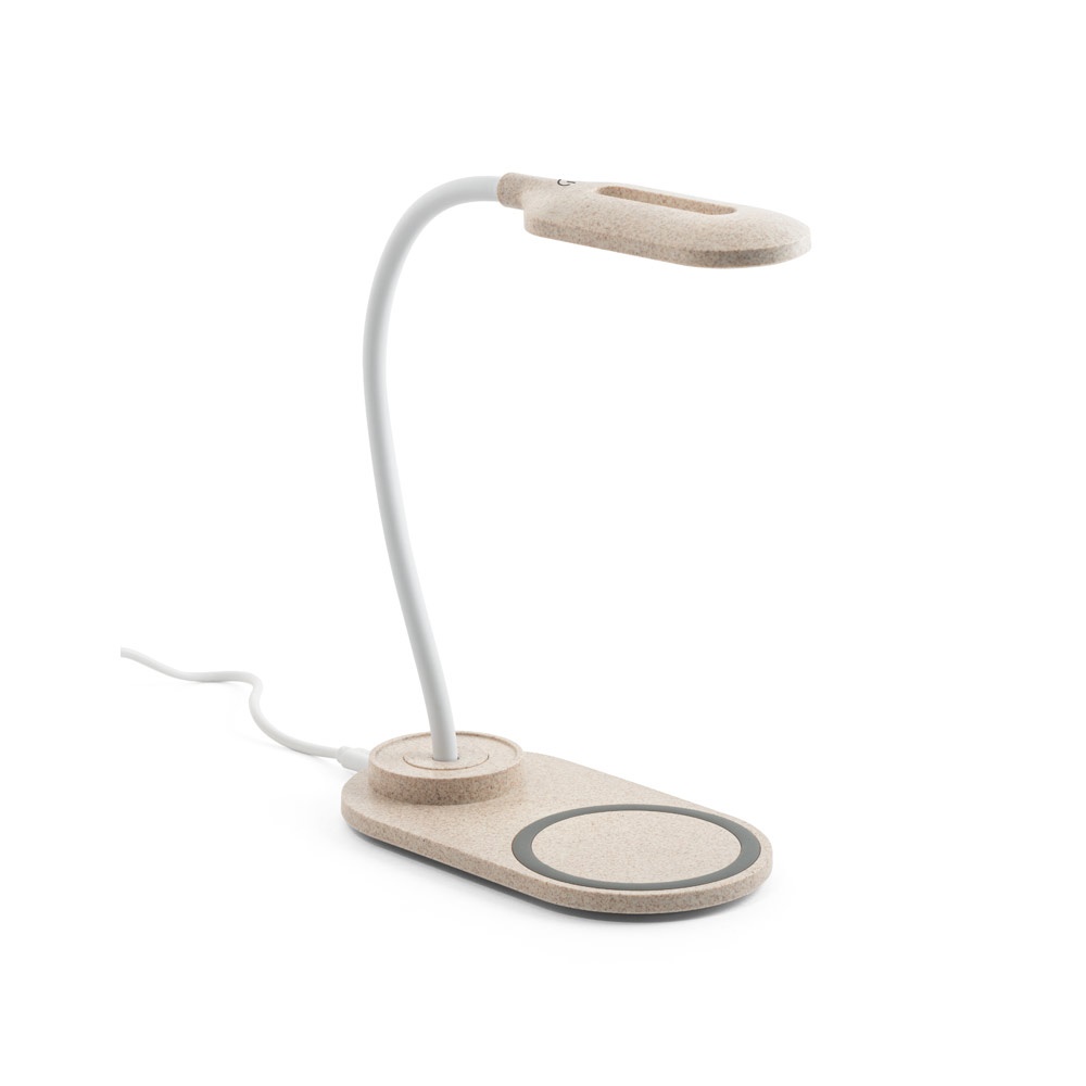 Luminária de mesa com carregador por indução super-rápido (15 W), em ABS e fibra de palha de trigo na cor Natural, personalizada com a logo da empresa
