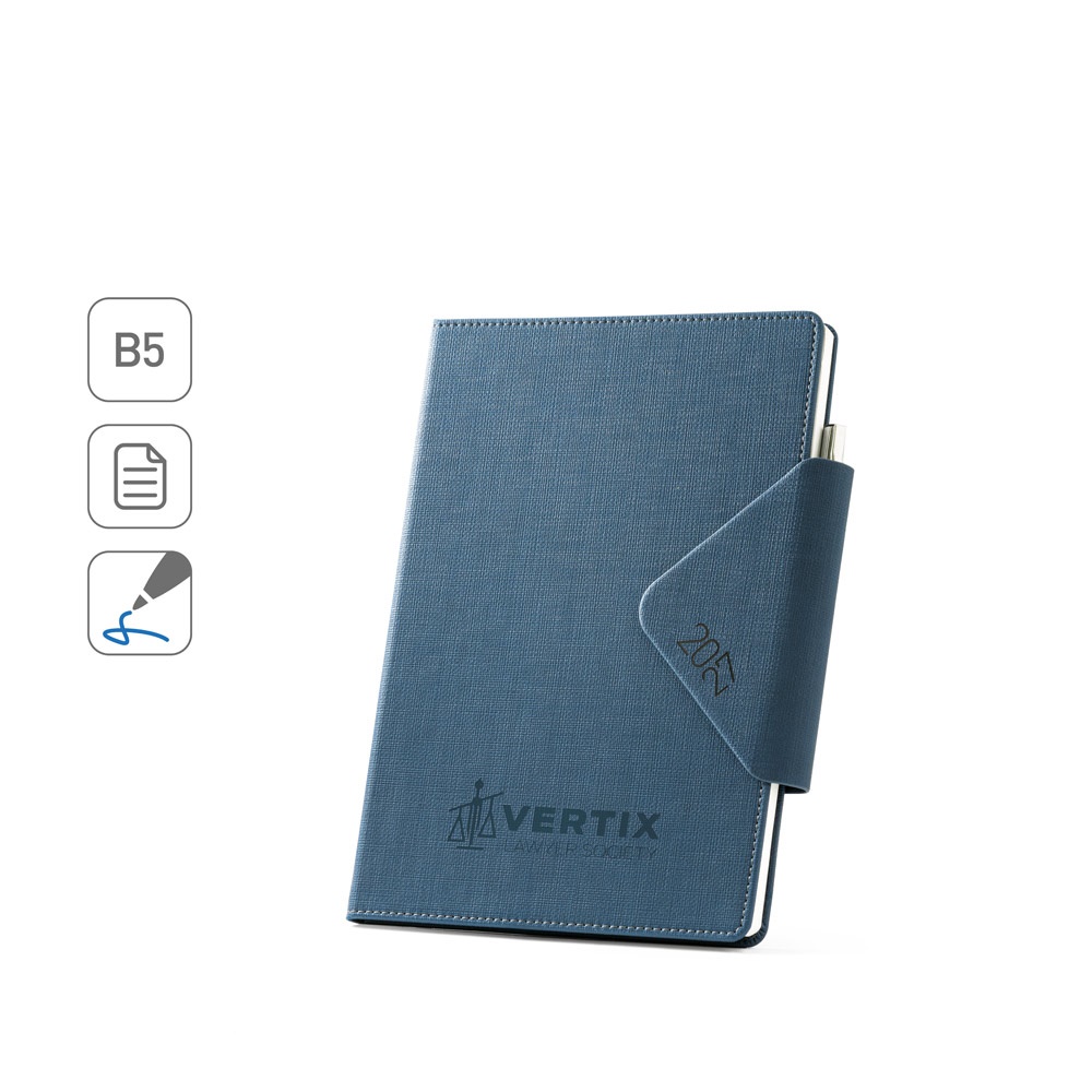 Agenda B5 com porta-caneta personalizada com a logo da empresa