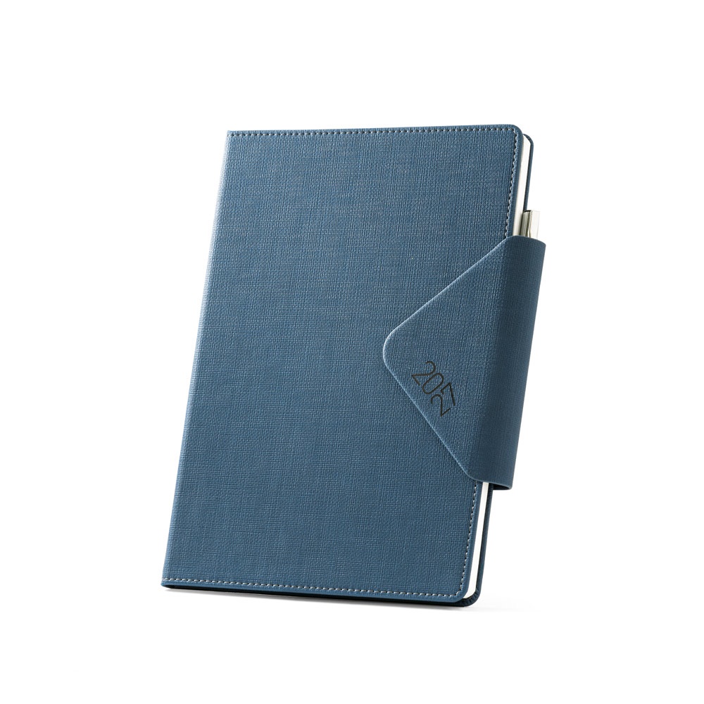 Agenda B5 com porta-caneta na cor Azul, personalizada com a logo da empresa