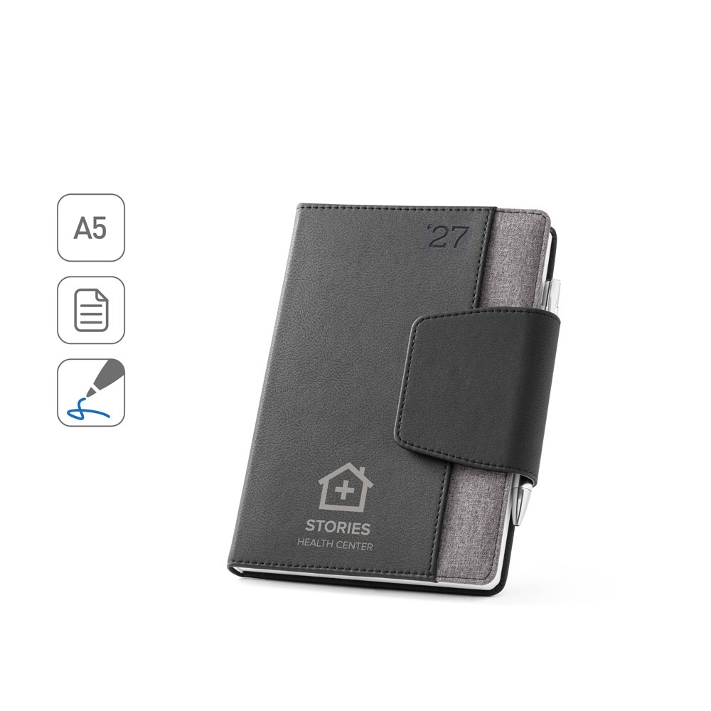Agenda diária A5 em PU e tecido com fecho magnético e caneta personalizada com a logo da empresa