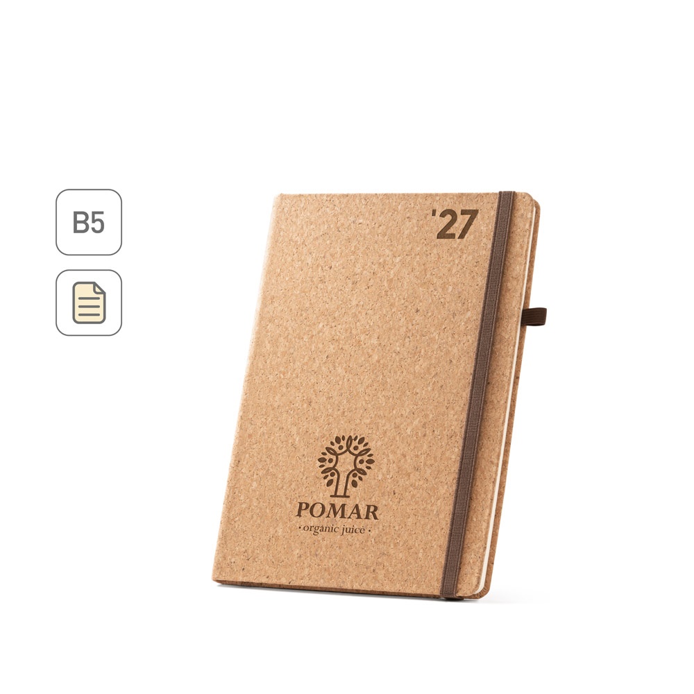 Agenda B5 em cortiça com porta-caneta personalizada com a logo da empresa