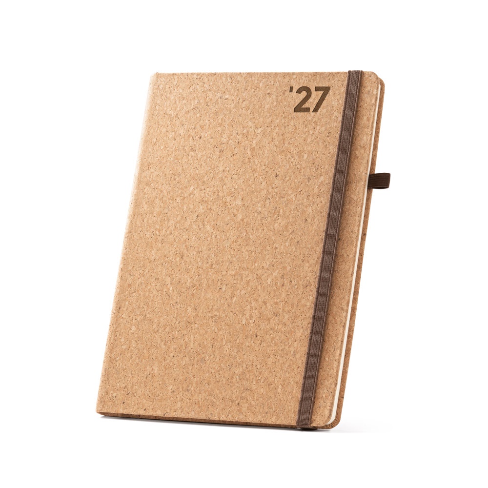 Agenda B5 em cortiça com porta-caneta na cor Natural, personalizada com a logo da empresa