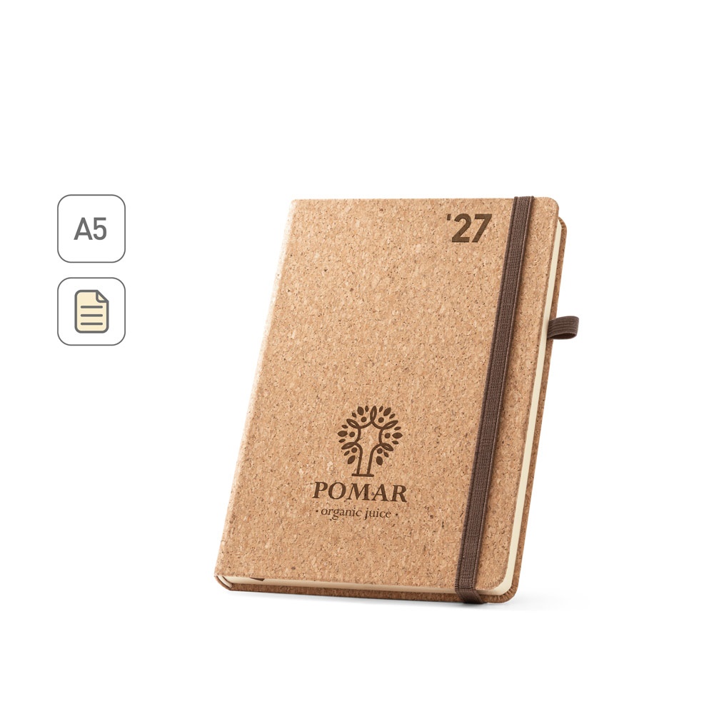 Agenda A5 em cortiça com porta-caneta personalizada com a logo da empresa