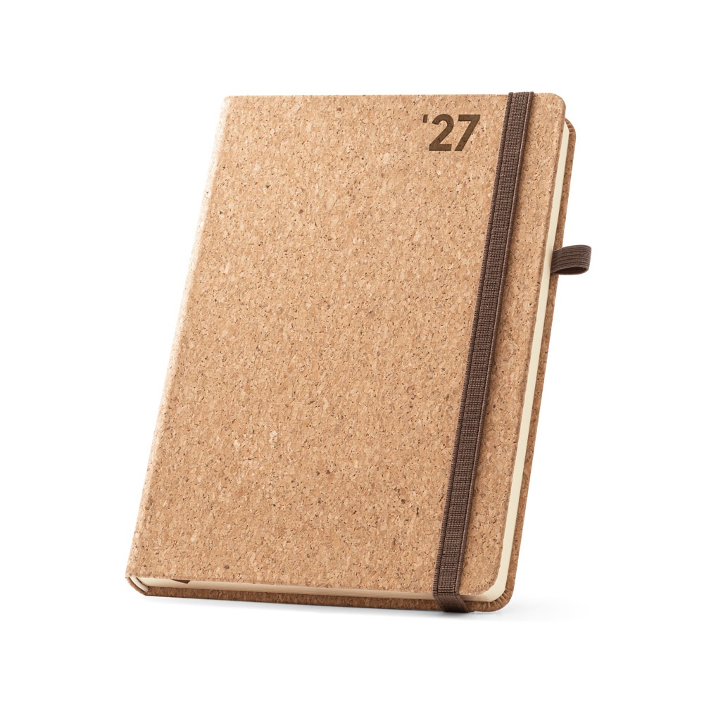 Agenda A5 em cortiça com porta-caneta na cor Natural, personalizada com a logo da empresa