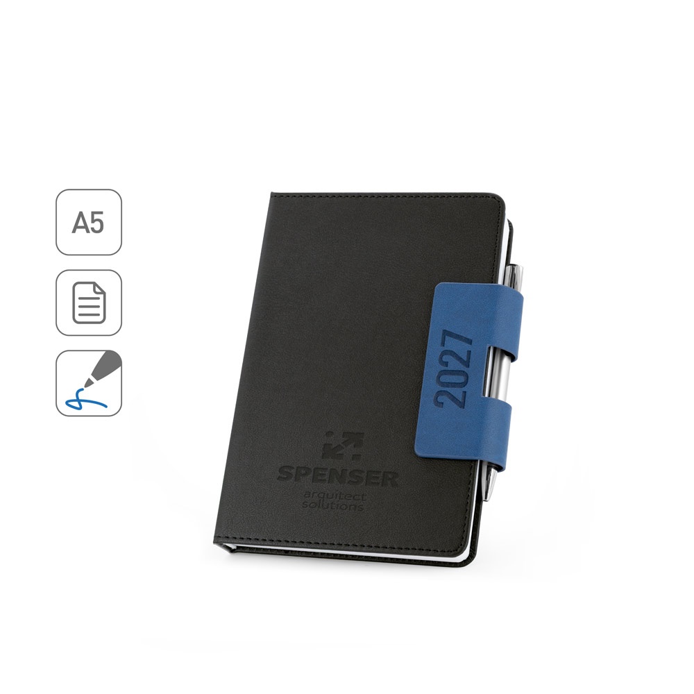Agenda A5 com capa dura em PU e porta-caneta personalizada com a logo da empresa