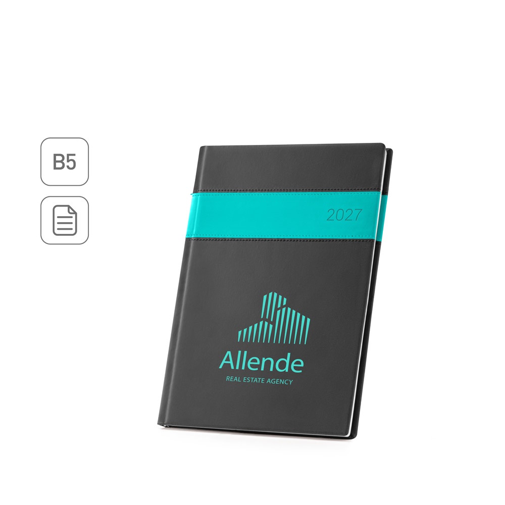 Agenda semanal B5 em PU com marcador em fita personalizada com a logo da empresa