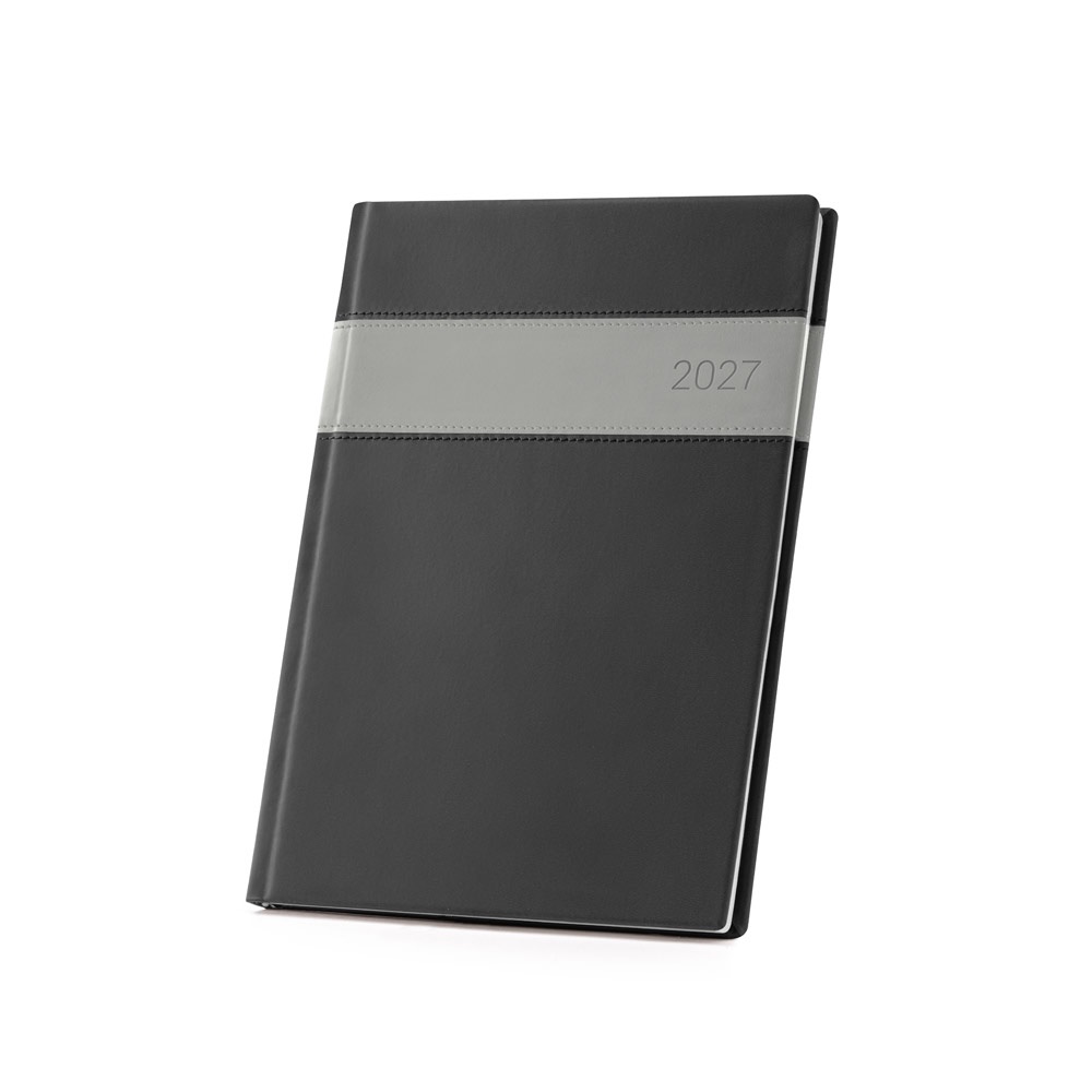Agenda semanal B5 em PU com marcador em fita na cor Cinza, personalizada com a logo da empresa