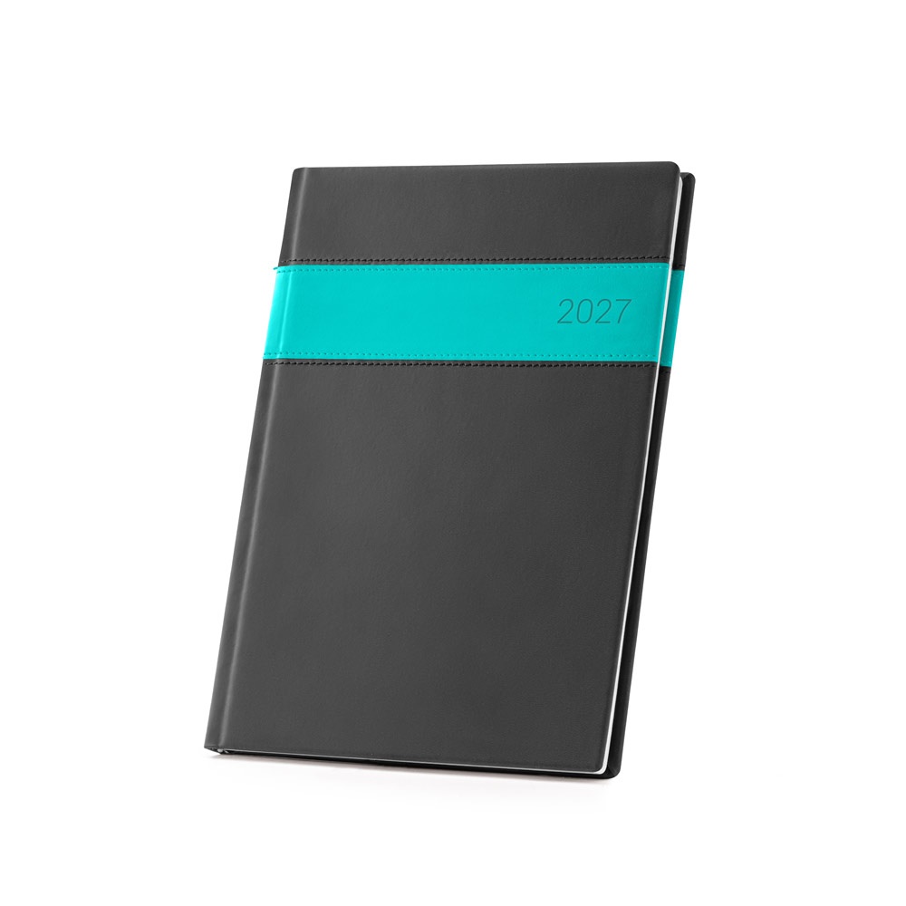 Agenda semanal B5 em PU com marcador em fita personalizada com a logo da empresa, na cor azul claro