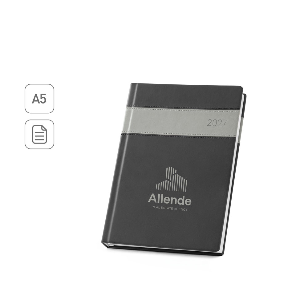Agenda diária A5 em PU com marcador em fita personalizada com a logo da empresa
