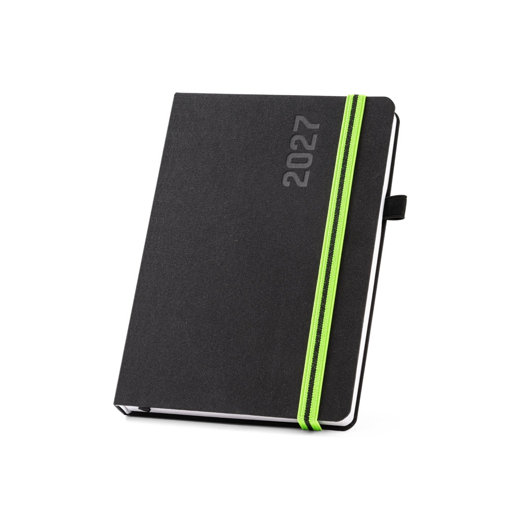 Agenda A5 com porta-caneta personalizada com a logo da empresa, na cor verde claro
