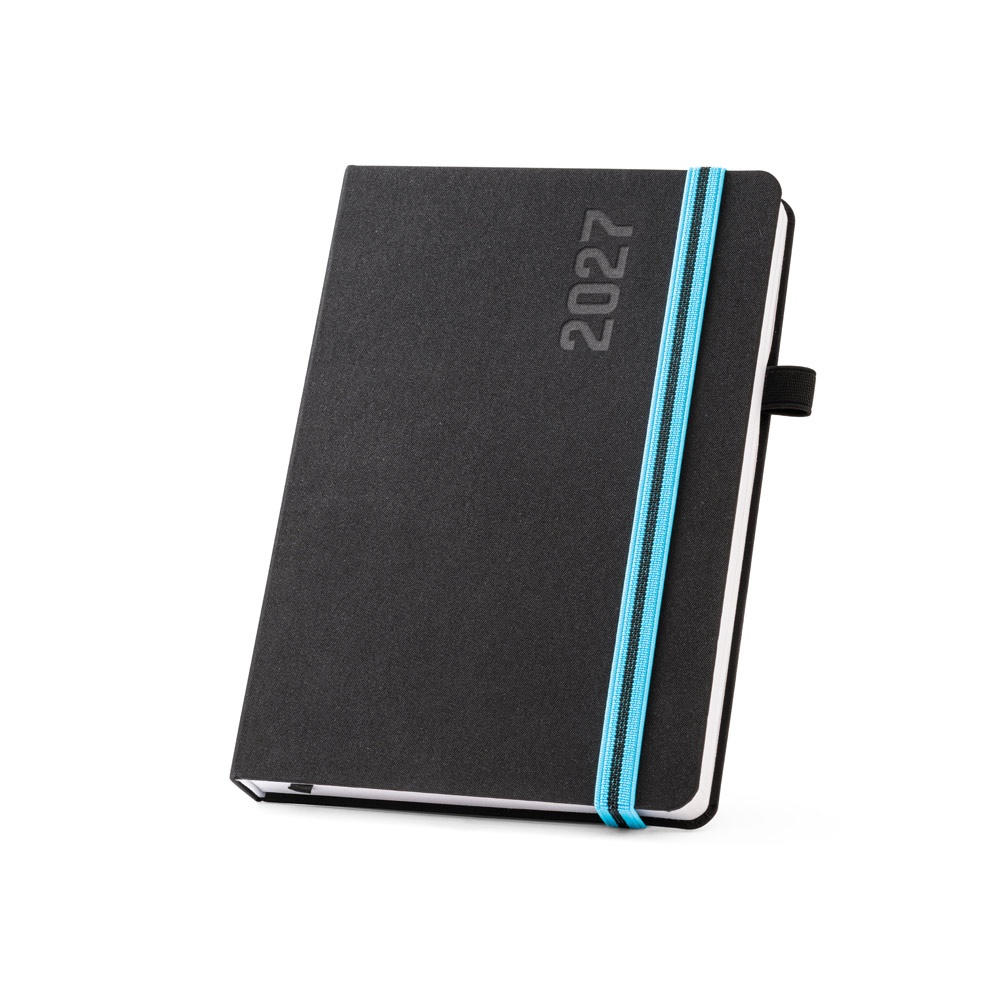 Agenda A5 com porta-caneta na cor Azul claro, personalizada com a logo da empresa