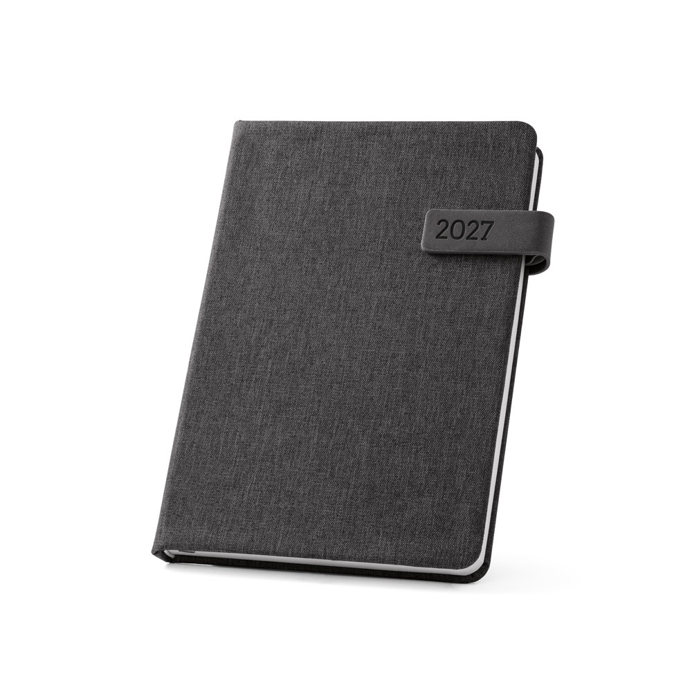 Agenda em PET reciclado (100% RPET) com porta-caneta na cor Preto, personalizada com a logo da empresa