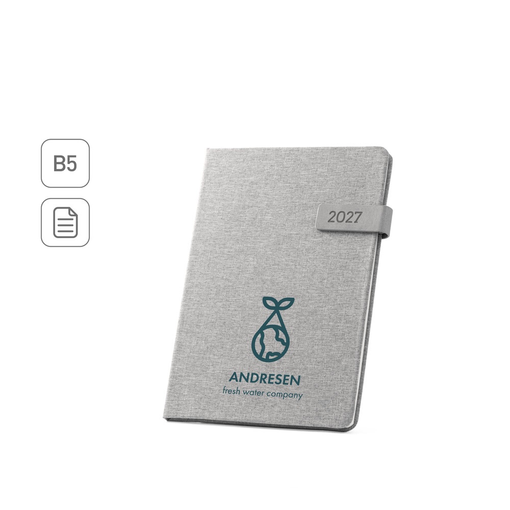 Agenda semanal B5 em RPET com fecho magnético e porta-caneta personalizada com a logo da empresa