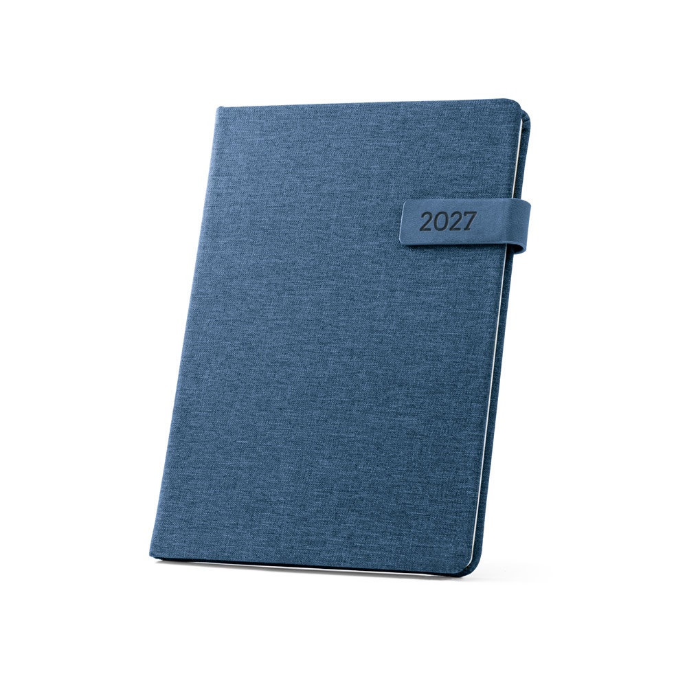 Agenda semanal B5 em RPET com fecho magnético e porta-caneta personalizada com a logo da empresa, na cor azul
