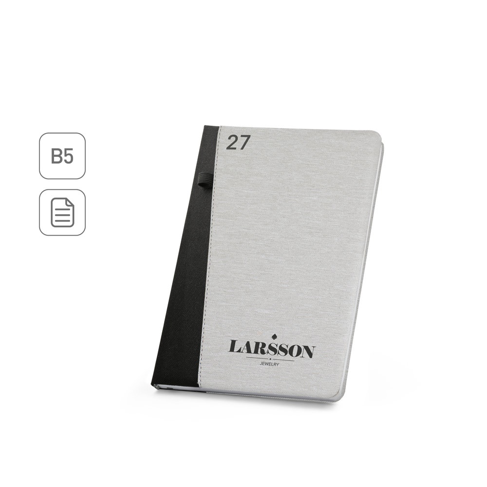 Agenda semanal B5 em RPET com porta-caneta personalizada com a logo da empresa